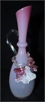 Art Glass Pitcher Bud Vase w/ Applied Flowers