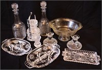 Cut Glass Decanters, Candle Holders, Pedestal Bowl