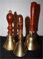3pcs Vintage Brass Bells w/Wooden Handles