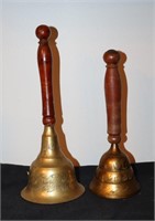 2pcs Vintage Carved Brass Bells w/Wooden Handles