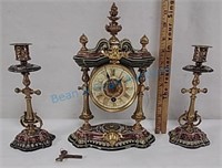 Porcelain and Brass mantle clock with candlesticks