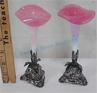 Silver Plate swan vases w cranberry cased glass