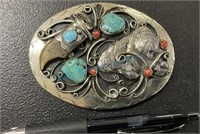 Navajo silver belt buckle with bear claw