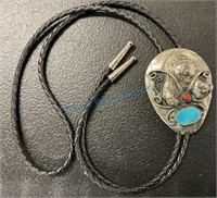 Silver Navajo bolo tie with bear,  turquoise and