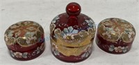 Enamel decorated cranberry glass dresser jars