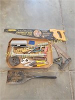 ASSORTED TOOLS, HAND SAWS, TAPE MEASURE, SQUARE