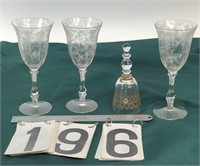 3 Rose Pattern Goblets and Glass Bell
