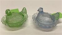 2 tiny Green & blue glass nesting hens