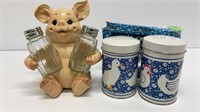 Pig salt & pepper holder w/tin chicken/geese