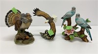 3 figurines: Ruffled grouse, bald Eagle & parakeet
