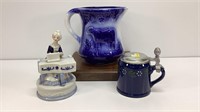Blue & White Pitcher 7” tall, small stein with