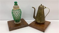 Brass Teapot 9.5 and Beaded Covered Glass Jar10.5