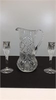 Heavy crystal water pitcher and two Gorham