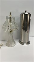 Lead Glass Lamp 16” and Metal Toilet Paper Holder