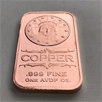 1oz Fine Copper .999 Liberty Head Bar