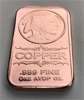 1oz Fine Copper .999 Indian Head Bar