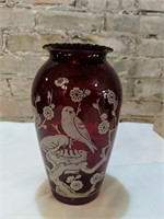 Vintage Ruby Red Oriental Vase, with White Birds