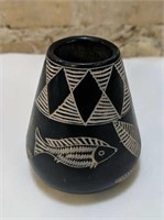 Vintage Carved Black Stone Bud Vase, Etched Fish
