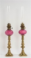 Pair Matching Cranberry Opalescent Peg Lamps