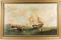 Large Painting, Coastal Scene with Ships