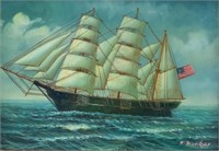 Oil on Board, Ship with American Flag