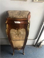 Marble Top Mahagony Pedestal Cabinet with Gold Tri