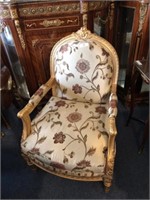 Upholstered Embroidered Chair with Gold Finish, Ar