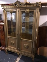 Double Door Gold Curio Cabinet, Beveled Glass Shel
