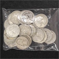 US Coins 27 Silver Washington Quarters, circulated