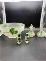 Painted glass bowl, salt and pepper, and truetts