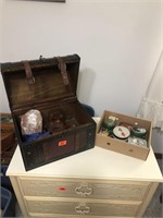 Toy Chest, Collectible Tins, and rock/glassware