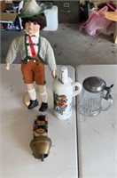 German Beer Stein, German Doll, Cow Bell
