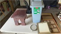 Recycling Container, 5 Picture Frames, Wood Stool