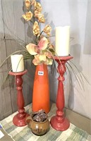 Wooden Cnadle Holder, Vase & French Creamer