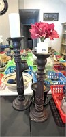 Pair of wooden candlesticks &  Plant
