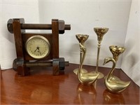 WOODEN CLOCK / THREE CANDLE HOLDERS/ TWO SWANS