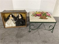 TWO NUN DOLLS AND STOOL