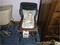 Vintage Doll Buggy with Doll,  10"wx 19"dx 43"t
