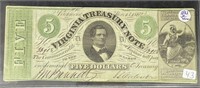 1862 Virginia $5 Treasury Note (Civil War)