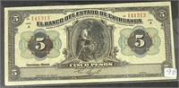 1913 Mexican Revolutionary  5 Peso Note