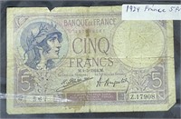 1924 French 5 francs Note