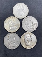 (5) Franklin Silver Half Dollars