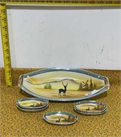 Vintage Hand Painted Nut Bowl & 5 Small Plates