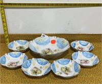 Vintage Berry Bowl w/ 6 Small Bowls - Hand Painted