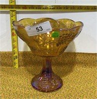 Vintage Marigold Carnival Glass Pedestal Bowl