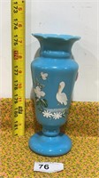 Vintage Art Glass Blue Vase Hand Blown w/ Bird