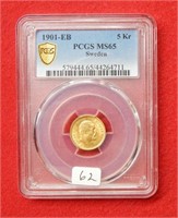 1901 EB Sweden Gold 5 Kronor PCGS MS65