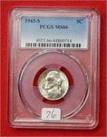 1943 S Jefferson Wartime Silver Nickel PCGS MS66