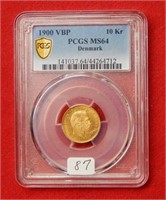 1900 VBP Denmark Gold 10 KR PCGS MS64