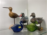 Carved Wood Ducks with Glass Swans